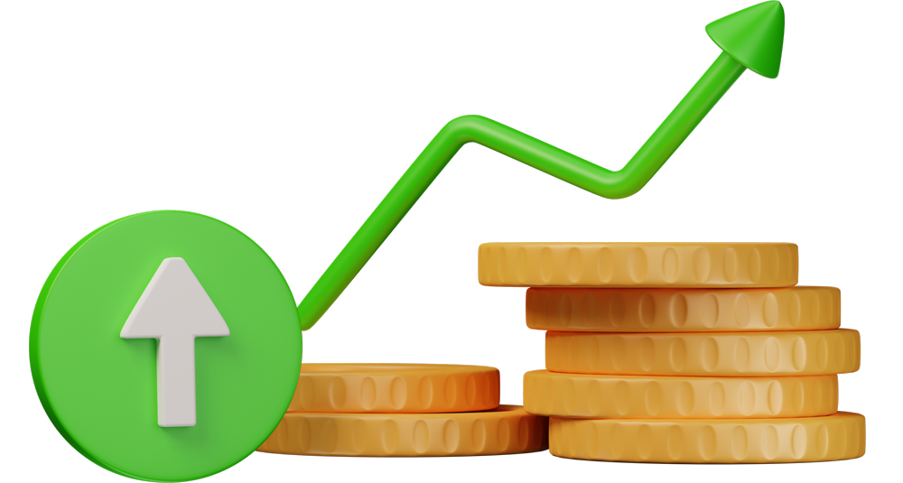 Ilustração 3D de moedas e seta de crescimento representando cashback